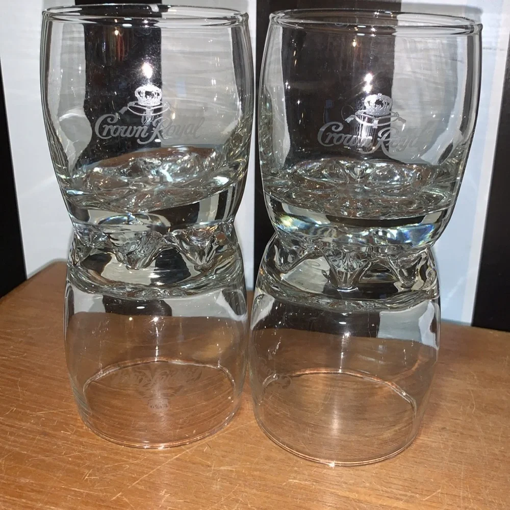 1990s Crown Royal Branded Bar 4 Glasses Etched Rocks  Glass Heavy Bottom Barware